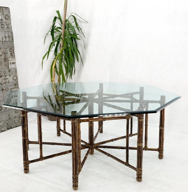 Very Large Octagonal Glass Top Leather Strapped Bamboo McGuire Dining Table