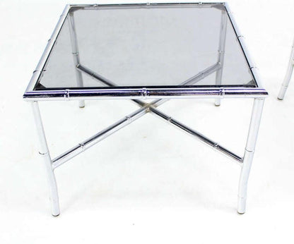 Pair of Chrome Faux Bamboo X Base End Tables with Smoked Glass Tops