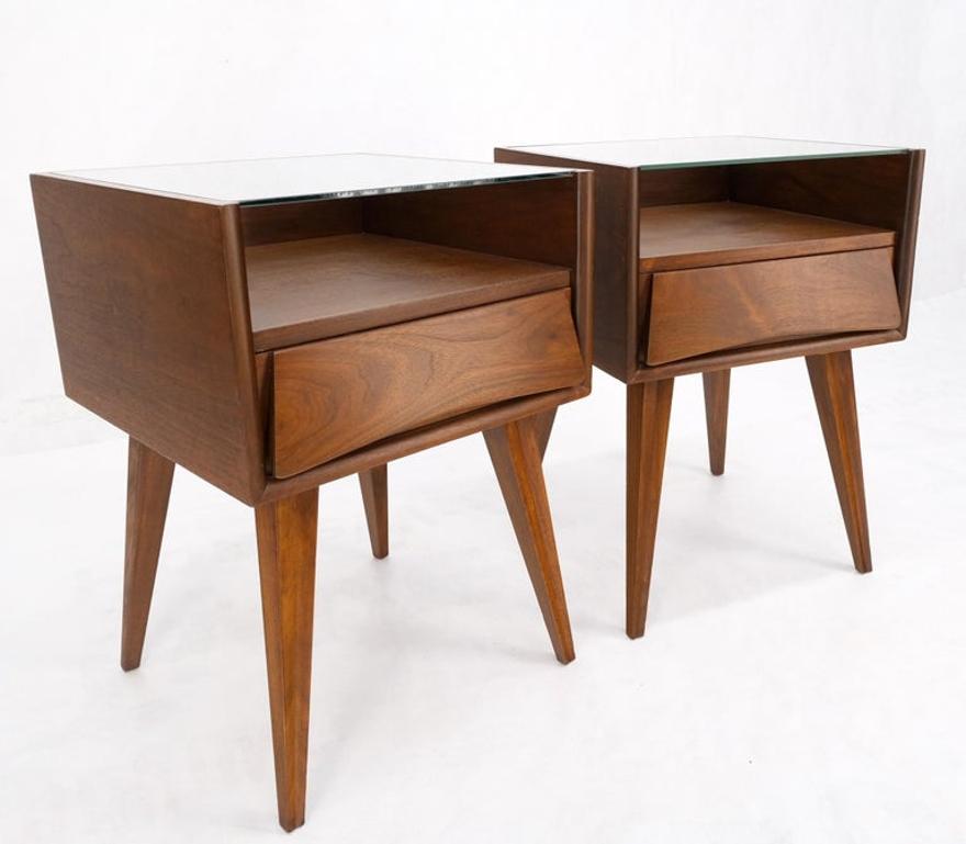 Pair Swedish Mid Century Modern Glass Top Cube Shape End Side Tables NightStands