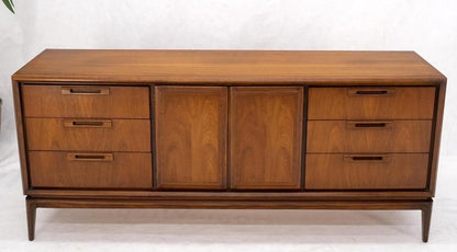 Long Walnut Mid-Century Modern 9 Drawers Credenza Dresser Double Door Cabinet