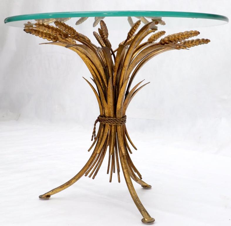 Gold Gild Metal Wheat Sheaf Round Glass Top Side Occasional Table Stand