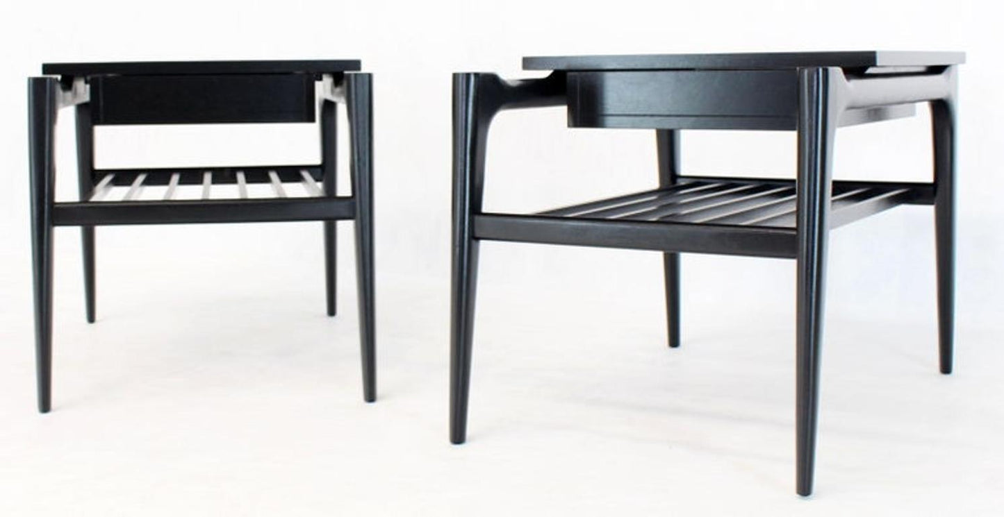 Pair of Black Ebonised One Drawer End Nightstands with Magazine Rack Sculptural