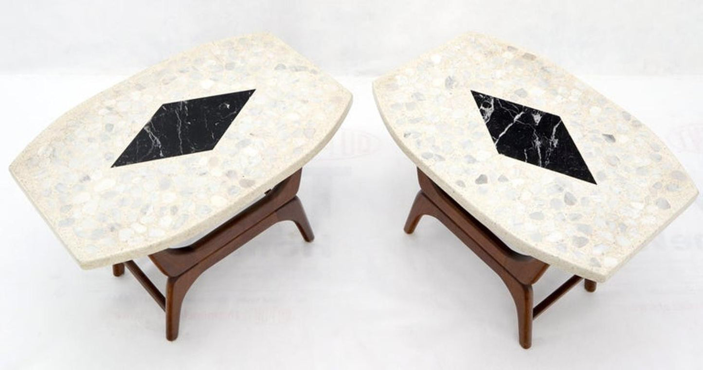 Pair of Inlaid Terrazzo Boat Shape Tops Walnut Bases End Side Tables