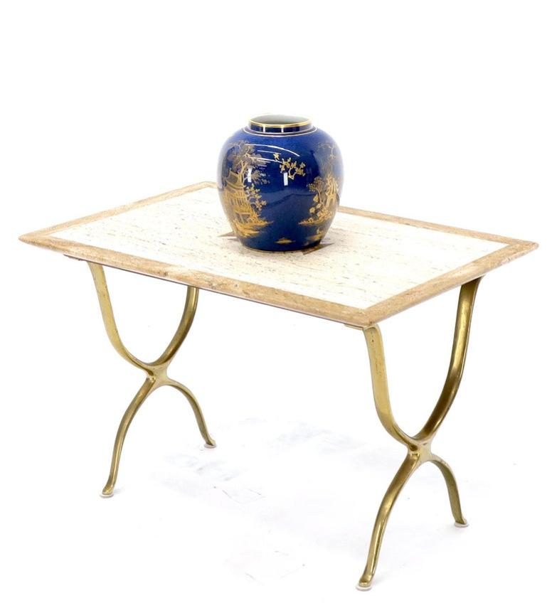 Pair of Italian Travertine Top X-Shape Base End Side Tables