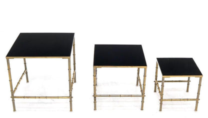 Solid Brass Faux Bamboo Set of 3 Nesting Tables with Black Vitrolite Glass