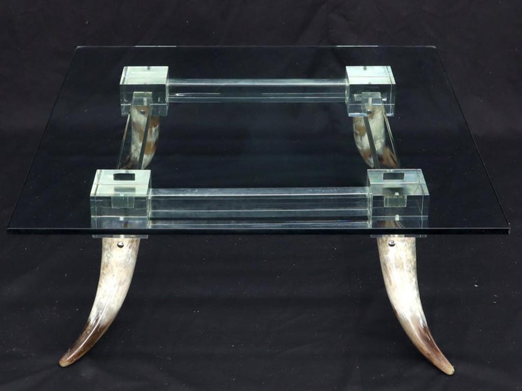 Bull Horns Shaped to Legs Lucite Stretchers Base Square Glass Top Coffee Table