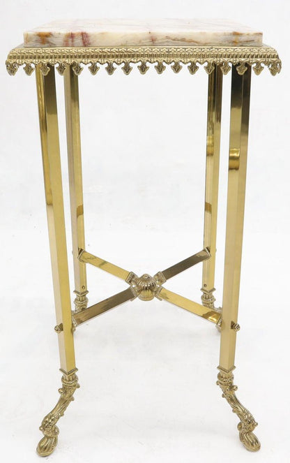 Square Solid Brass Onyx Marble Top Stand Pedestal Hoof Feet X-Stretcher Finial