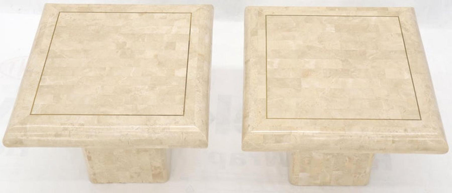 Pair of Square Tessellated Stone Veneer Brass Inlay End Tables Stands