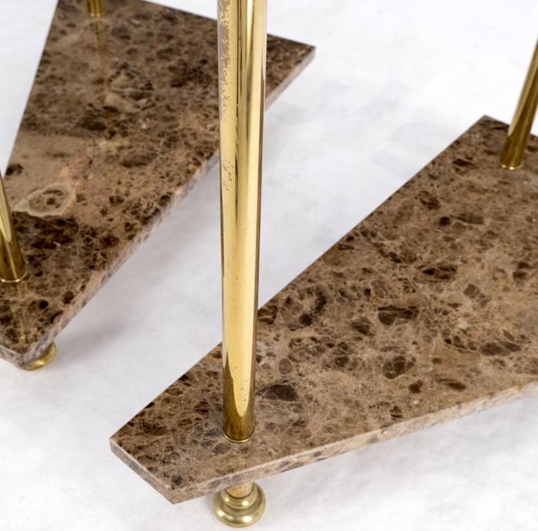 Pair Polished Brass Marble Trapezoid Two Tier Side End Tables Night Stands Mint