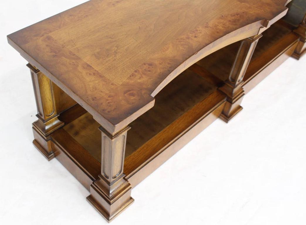 Low Profile Burl Wood Banded Credenza Display Bench or Table with Brass Shelf