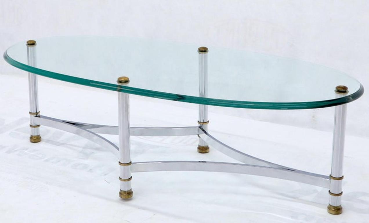 Oval Mid-Century Modern Glass Top Coffee Table on Chrome Frame, Brass Accents