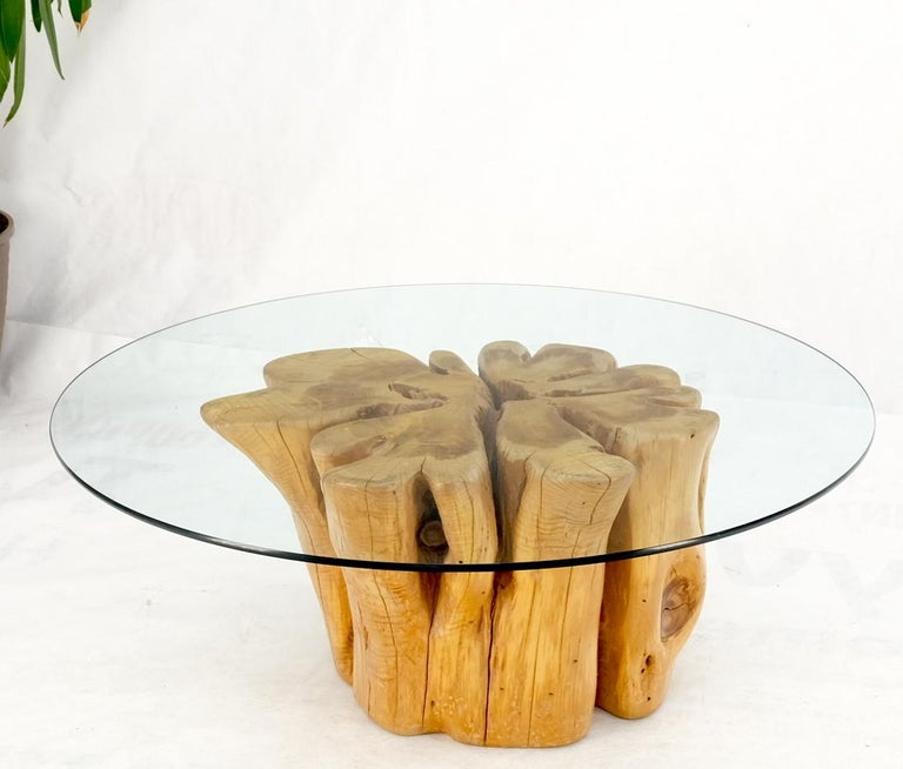 Large Pedestal Natural Blond Wood Tree Stump Base Round Glass Top Coffee Table