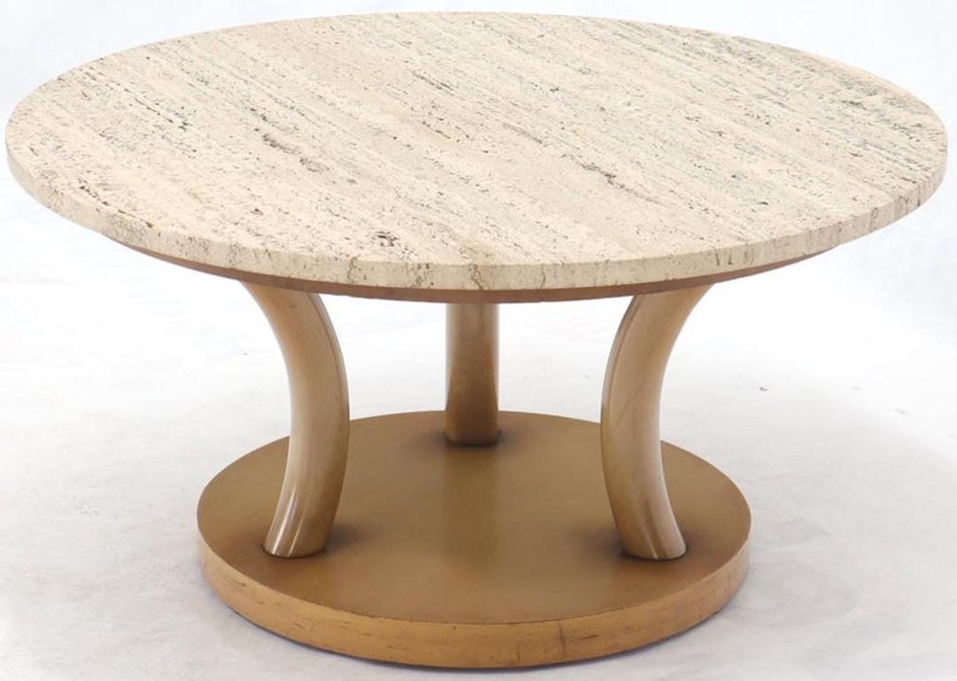 travertine Top Horn Like Pillars Tripod Base Round Coffee Table