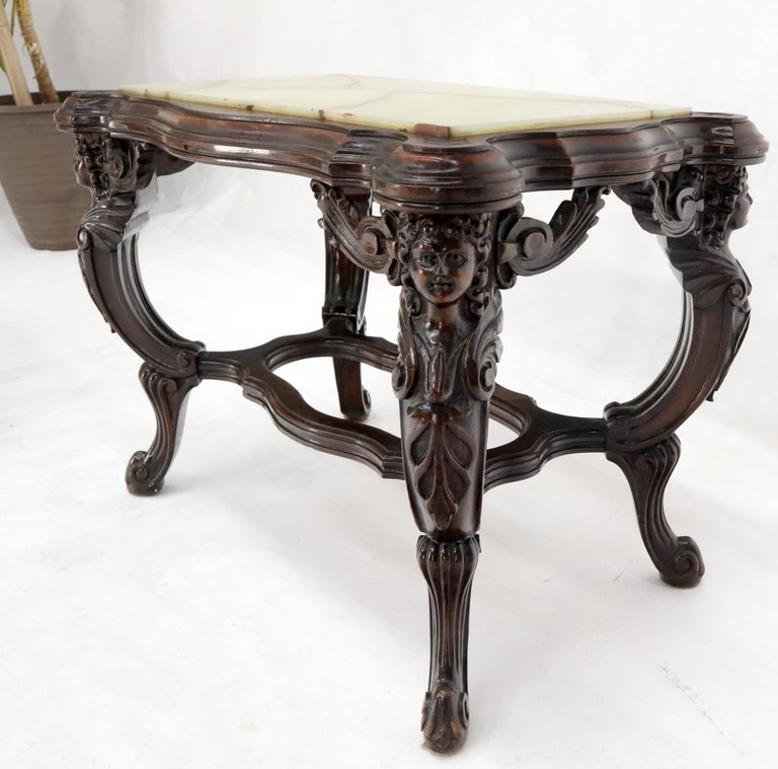 Onyx Marble Top Carved Cherubs Walnut Side End Coffee Table