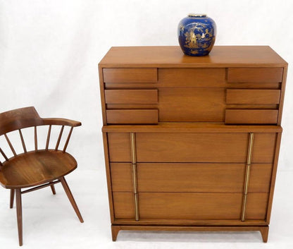 Mid-Century Modern Five Drawers High Chest Dresser with Brass Accents