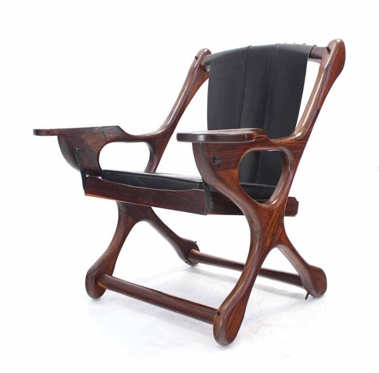 Heavy Rosewood Frame Leather Upholstery Lounge Chair