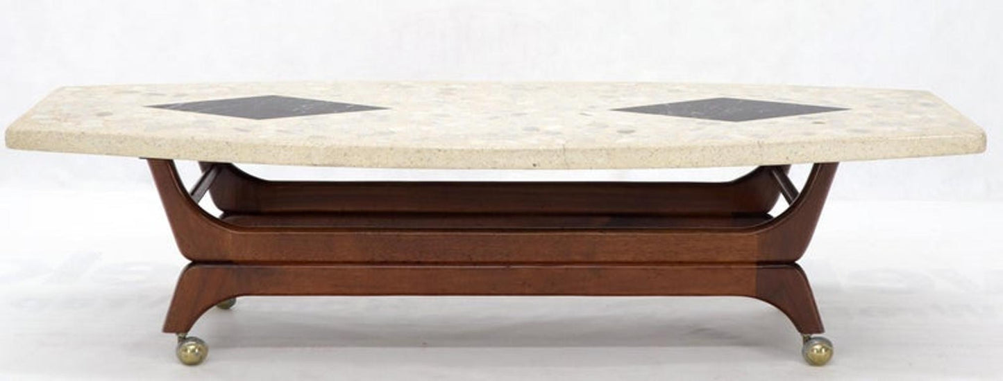 Terrazzo Stone Inlay Boat Shape Oiled Walnut Base Coffee Table