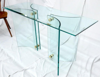 Curved Glass Base Glass Top Brass Stretchers Console Table