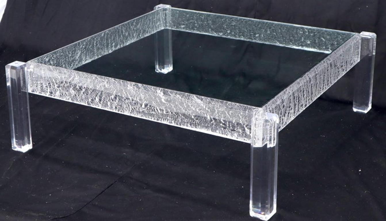 Large Square Carved Lucite Glass Top Coffee Table