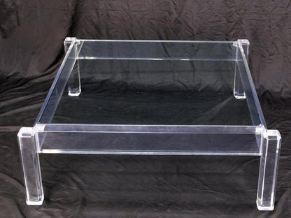 Mid Century Modern Thick Polished Lucite Base Glass Top Square Coffee Table