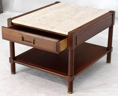 Pair of Travertine Tops One Drawer Oiled Walnut End Side Tables