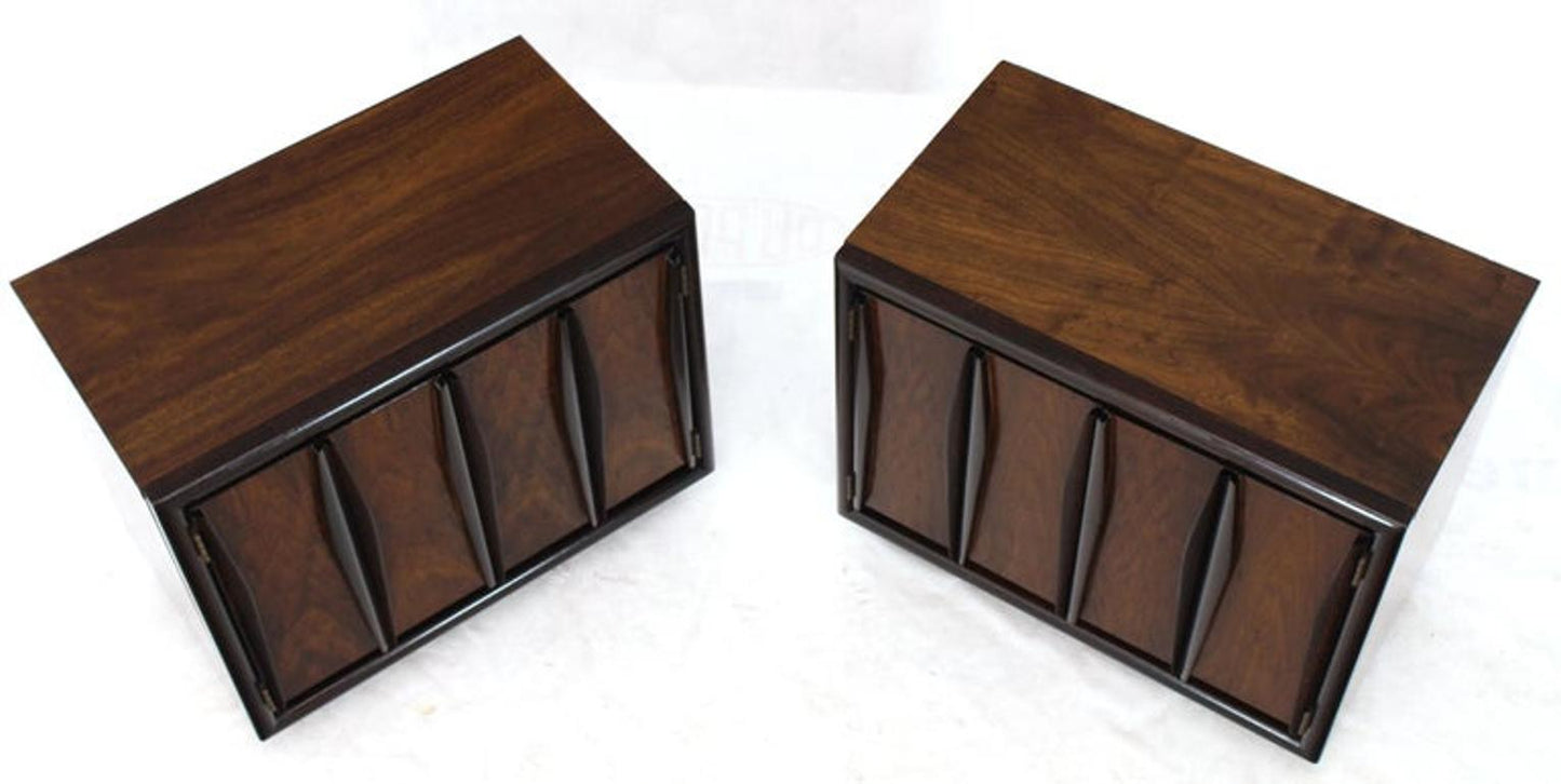 Pair of Dark & Medium Walnut End Tables or Nightstands Double Doors One Drawer