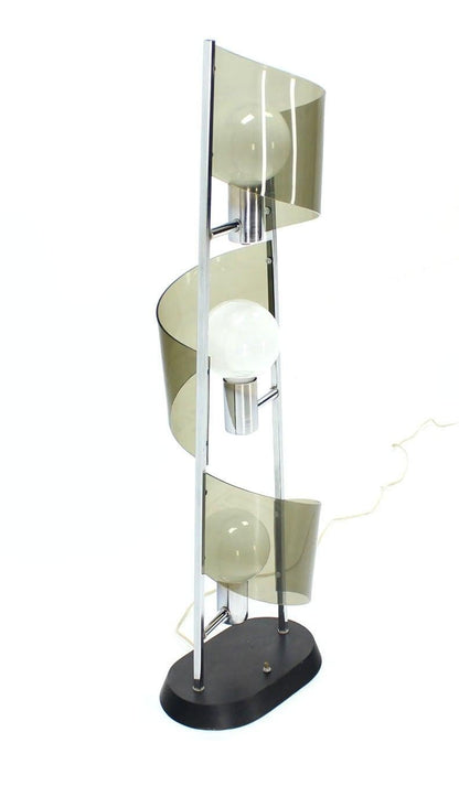 Mid Century Modern Large Chrome Smoked Lucite Ribbon Shade Table  Floor Lamp