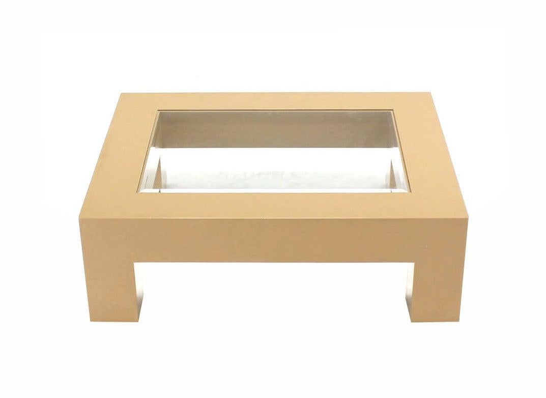 Heavy Thick Square Legs  Beige Lacquer Base Glass Top Rectangle Coffee Table