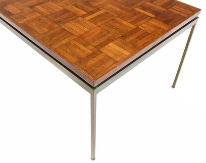 Mid Century Modern Large Rectangle Brass Base Parquet Top Coffee Table MINT!