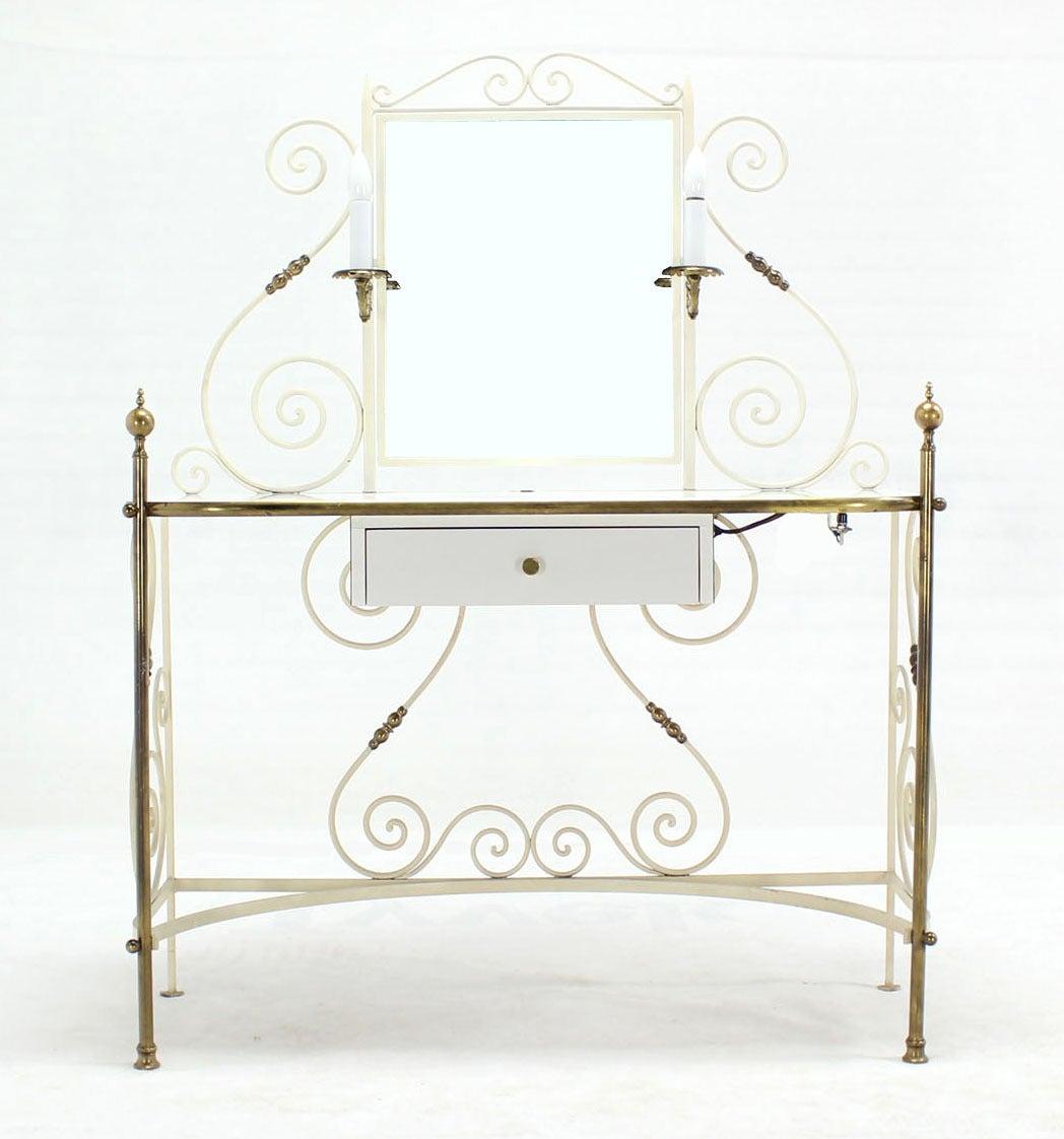 Decorative Vanity Dressing Table Milk Glass Top Metal Scroll Brass Hardware MINT