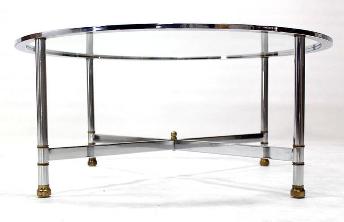 Mid Century Italian Modern Round Chrome & Brass Base Glass Top Coffee Table Mint