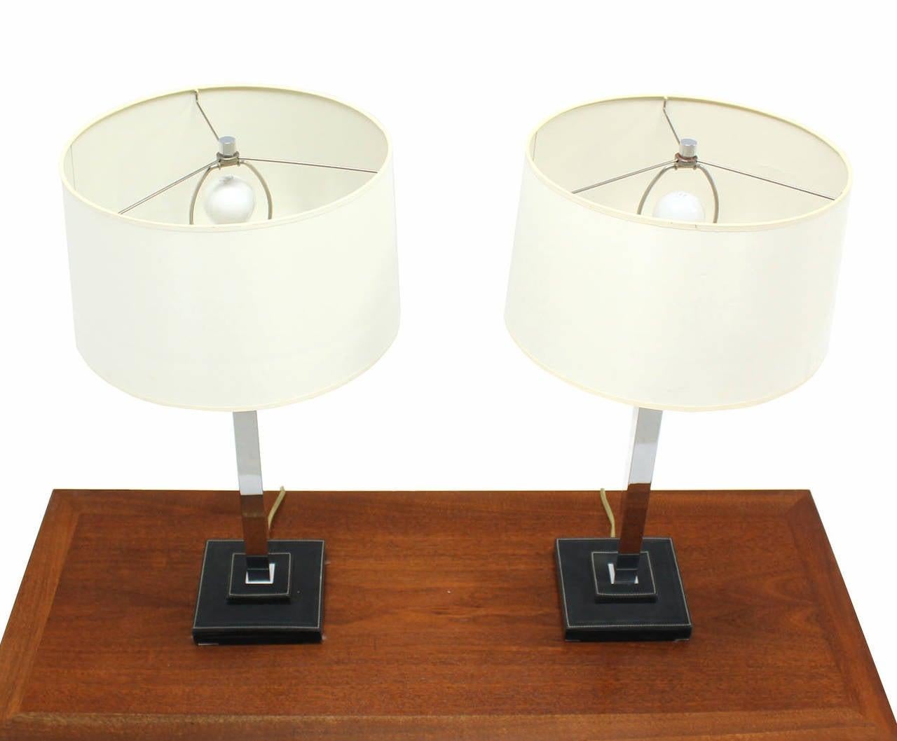 Pair of Chrome Stitched Square Leather Bases  Modern Table Lamps by Nessen MINT