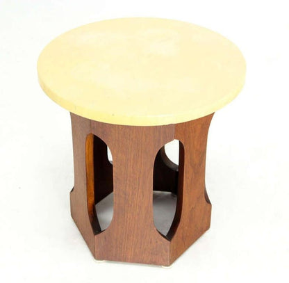 Mid-Century Modern Hexagon Oiled Walnut Base Round Top Side End Table Stand