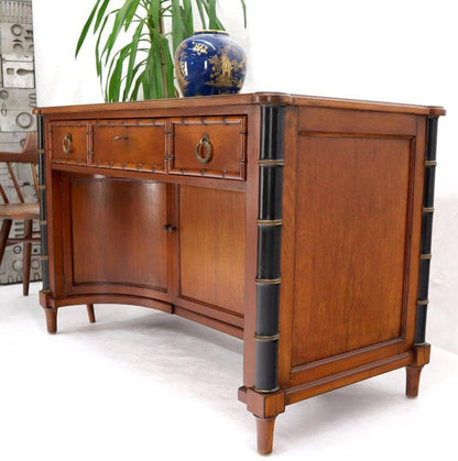 Faux Bamboo Black Leather Top Mahogany Desk with Curved Bottom Doors Compartment