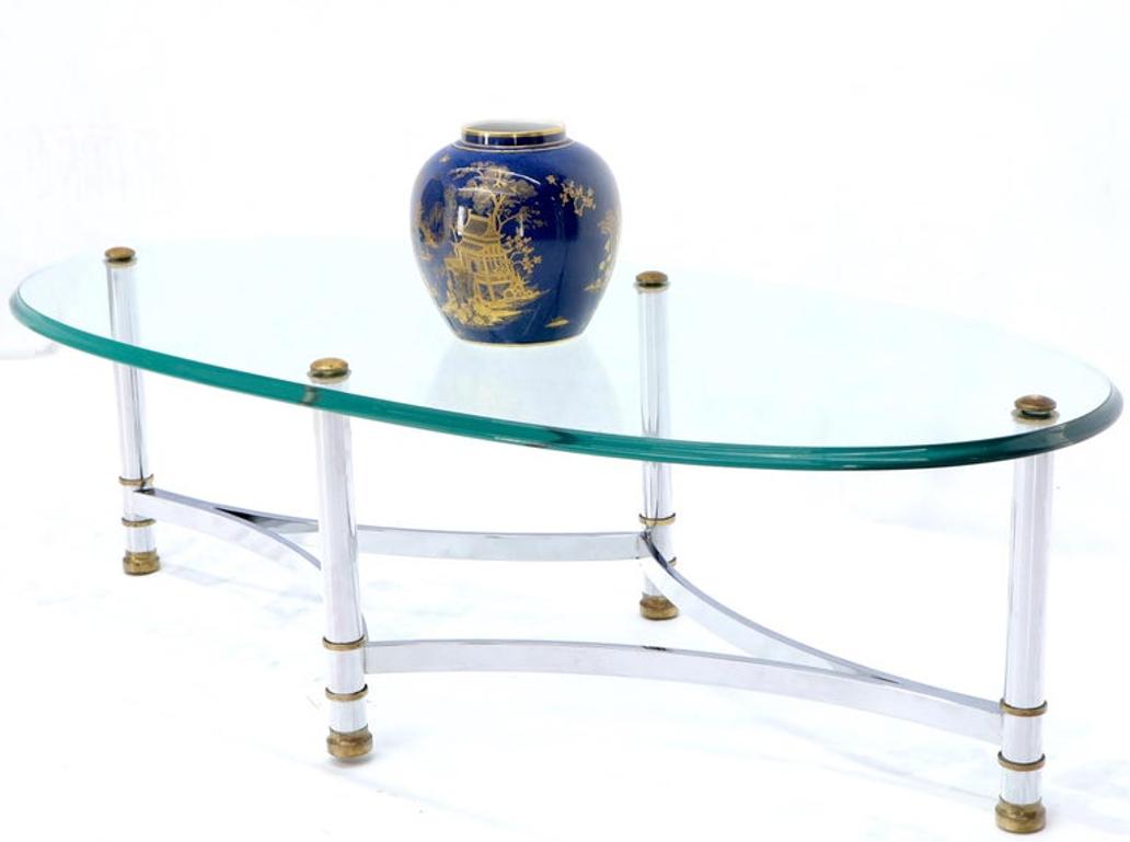 Oval Mid-Century Modern Glass Top Coffee Table on Chrome Frame, Brass Accents