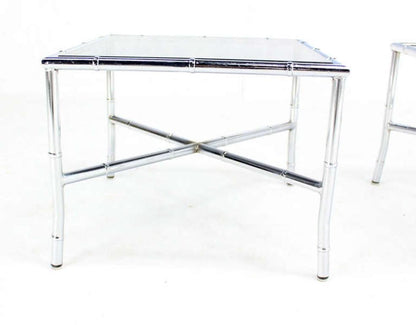 Pair of Chrome Faux Bamboo X Base End Tables with Smoked Glass Tops