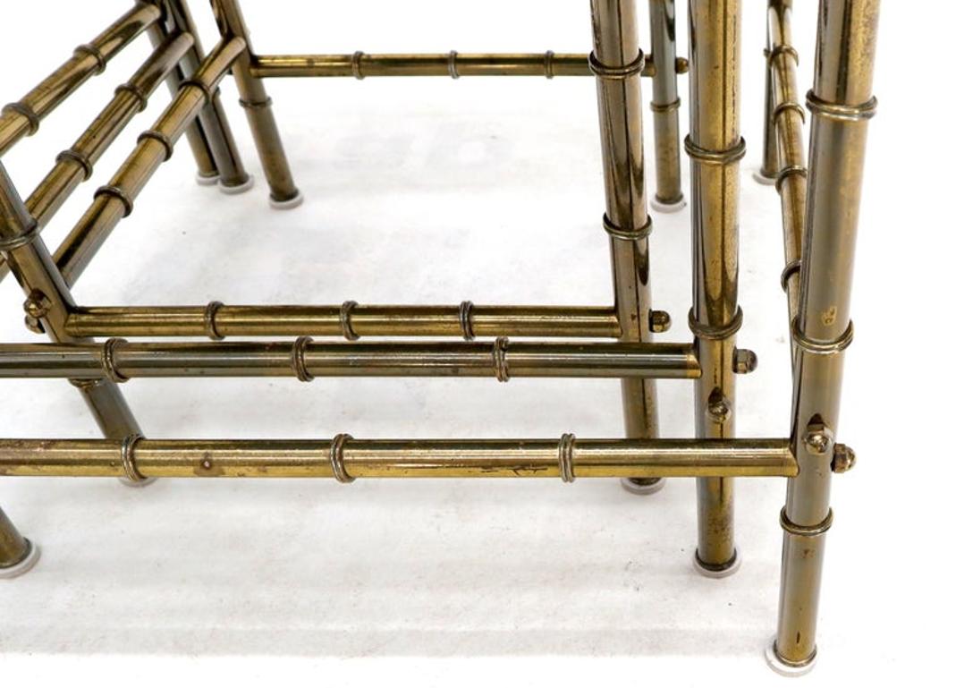Solid Brass Faux Bamboo Set of 3 Nesting Tables with Black Vitrolite Glass
