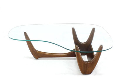 Organic Kidney Shape Glass Top Walnut Coffee Table w/ Planter