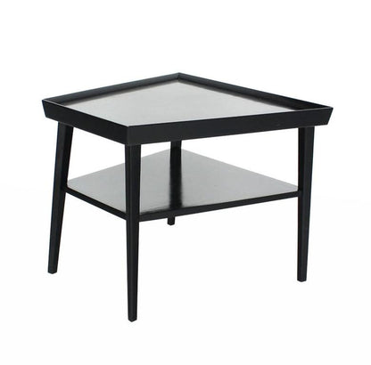 Pair of Black Lacquer Trapezoid Shape Two Tier End Side Tables Stands