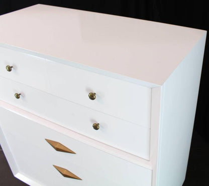 White Lacquer Deco Style High Chest Dresser with Diamond Pulls