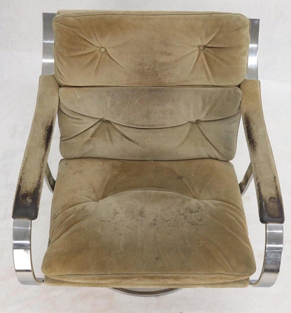 Heavy Gage Polished Stainless Steel Swivel Base Suede Upholstery Lounge Chair