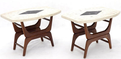 Pair of Inlaid Terrazzo Boat Shape Tops Walnut Bases End Side Tables