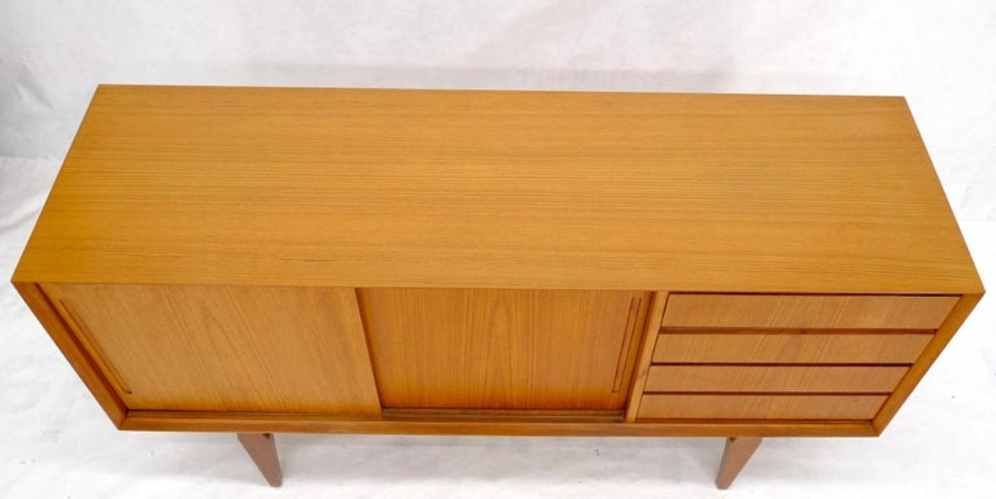 Danish Mid-Century Modern Teak Low 4 Drawers Sliding Doors Compartment Credenza