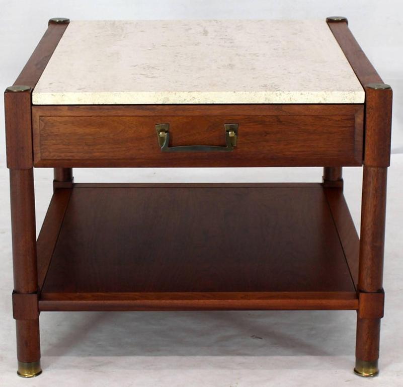 Pair of Travertine Tops One Drawer Oiled Walnut End Side Tables