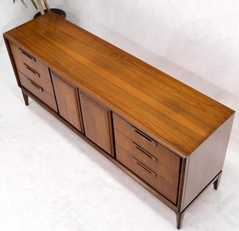 Long Walnut Mid-Century Modern 9 Drawers Credenza Dresser Double Door Cabinet