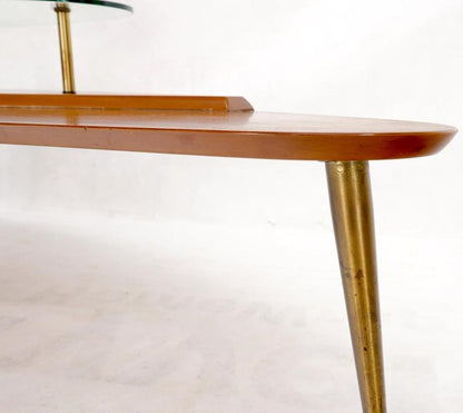Organic Kidney Comma Shape Two-Tier Glass Top Brass Leg Walnut Coffee Side Table