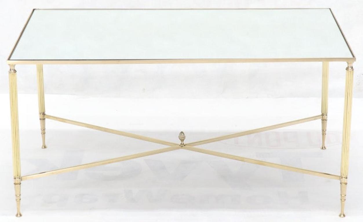 Polished Brass X-Stretcher Base Fluted Legs Mirrored Glass Top Coffee Table