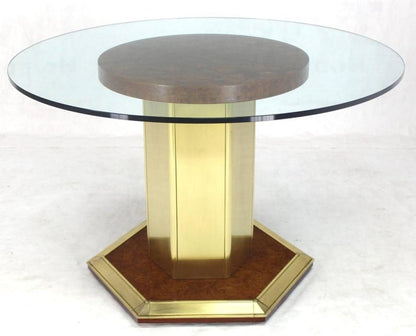 Round Brass Burl Wood Glass Top Center Dining Conference Table Henredon