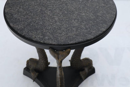 Bronze Triple Dolphins Base Granite Top Round Side End Table Pedestal