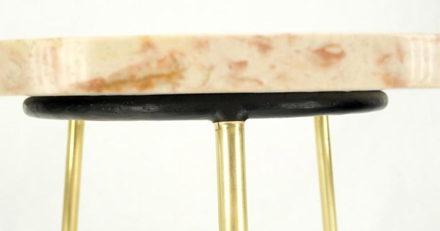 Pair Round Rouge Marble Top Tri Legged Brass Base Mid-Century Modern End Tables